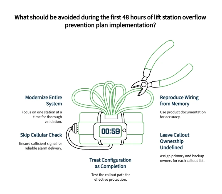 Illustration of first 48-hour lift station overflow prevention pitfalls, including skipping cellular checks, unclear callout ownership, and relying on memory.