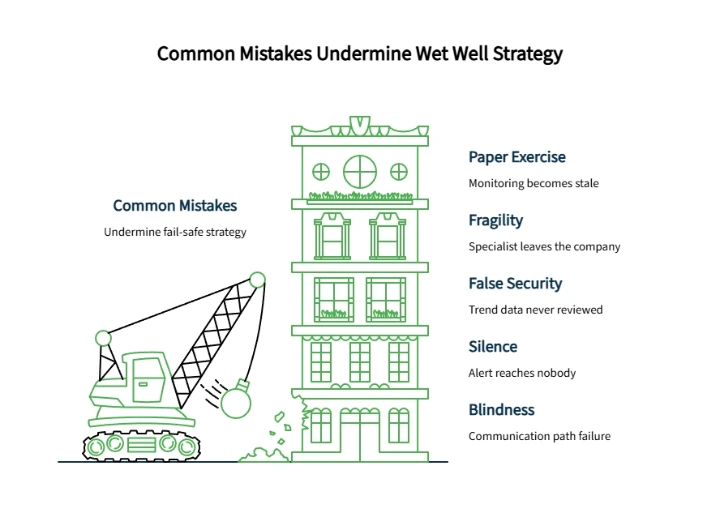 Illustration showing common wet well strategy mistakes, including paper exercises, fragility, false security, silence, and communication blindness.