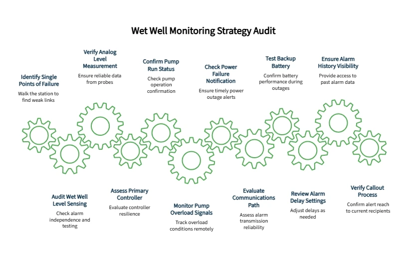 Wet well monitoring strategy audit diagram showing checks for failure points, level sensing, pump status, power alerts, battery backup, and callout process.