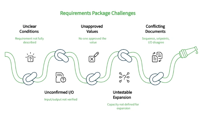 Requirements Package Challenges diagram showing unclear conditions, unconfirmed I/O, unapproved values, unstable expansion, and conflicting documents affecting system planning.