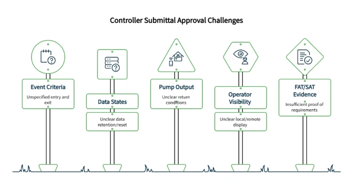 Controller Submittal Approval Challenges diagram showing event criteria, data states, pump output, operator visibility, and FAT/SAT evidence review issues.