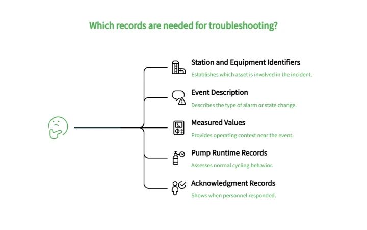 Infographic listing records needed for lift station troubleshooting, including equipment identifiers, event descriptions, measured values, pump runtimes, and acknowledgment records.